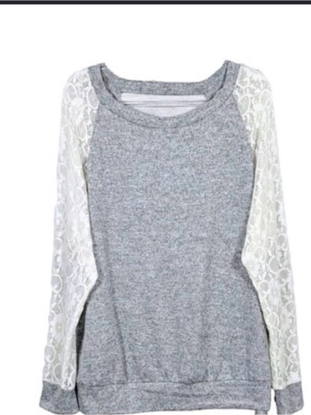 hinge Gray Sweatshirt with White Lace Raglan Sleeves - Feminine Pullover